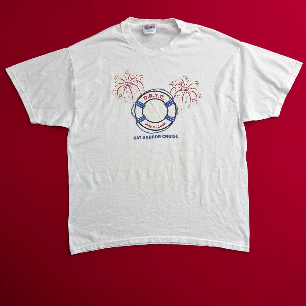 Vintage‎ Hanes Heavyweight T-Shirt Mens L White 2002 Cat Harbor Cruise Graphic
